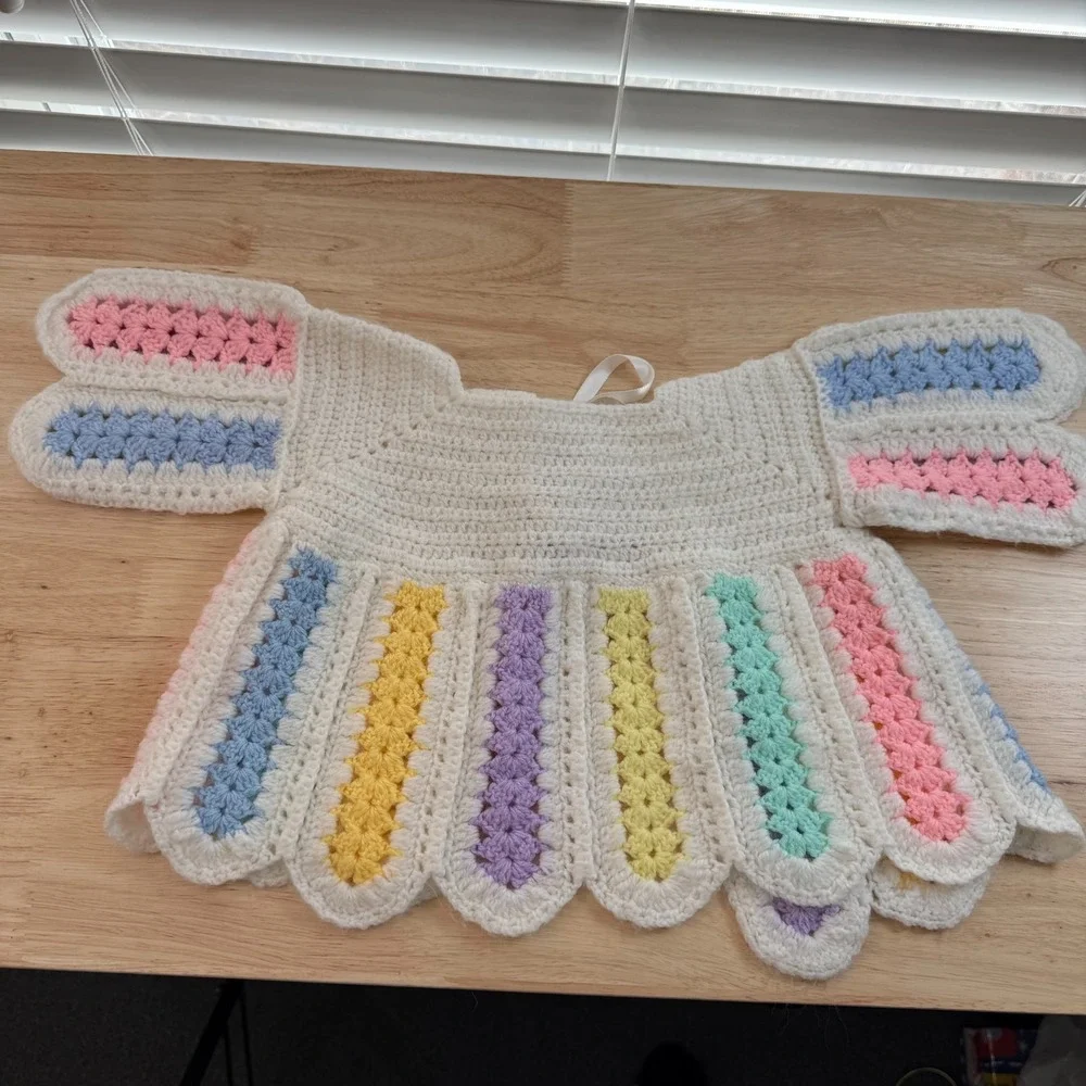 Cardigan Baby Girl Multicolor Crochet‎ Tie Waist Cozy  Sweater & Cap Bonnet VTG